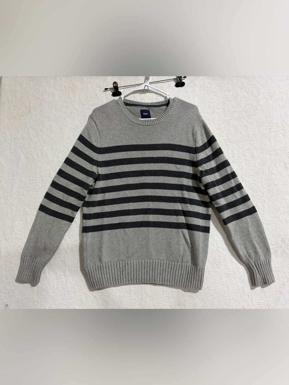 VTG Gap Mens Sweater Large Gray Striped Preppy 90s Cotton Knit Academia Y2K